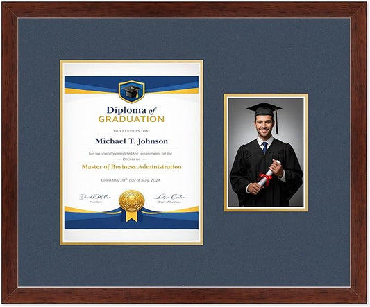 Diploma Frame With Photo Opening Rustic Walnut Navy Blue Over Gold Mat - Fits 8.5 x 11 Degree and Picture Made in the USA
