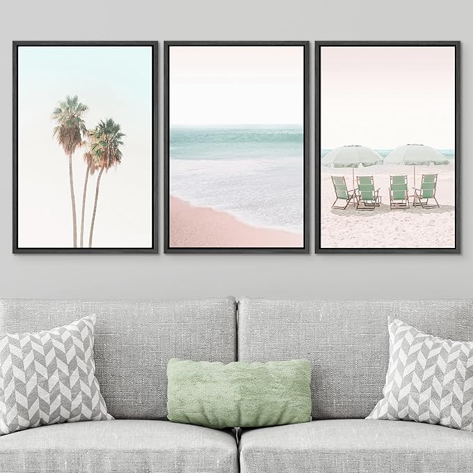 SIGNWIN Framed Canvas Print Wall Art Set Retro Vintage Pastel Tropical Island Beach Nature Wilderness Photography Modern Art Landscape Relax/Calm for Living Room, Bedroom, Office - 24"x36"x3 Black