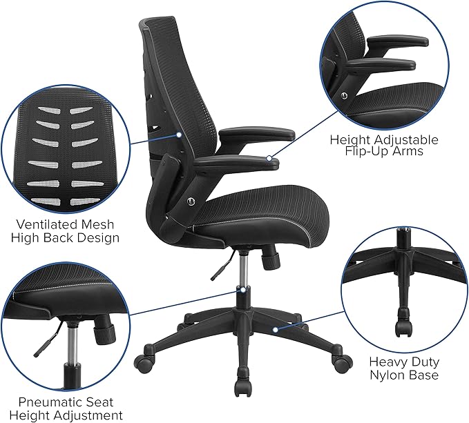 Flash Furniture Kale High Back Designer Black Mesh Executive Swivel Ergonomic Office Chair with Height Adjustable Flip-Up Arms