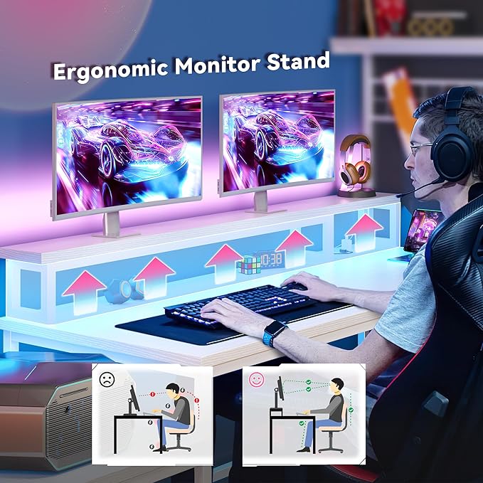 EnHomee 63" L Shaped Gaming Desk with LED Lights & Power Outlets,Reversible Corner Gaming Table with Storage Shelf & Hooks,Computer Desk with Monitor Stand & Print Stand for Bedroom,Home Office,White