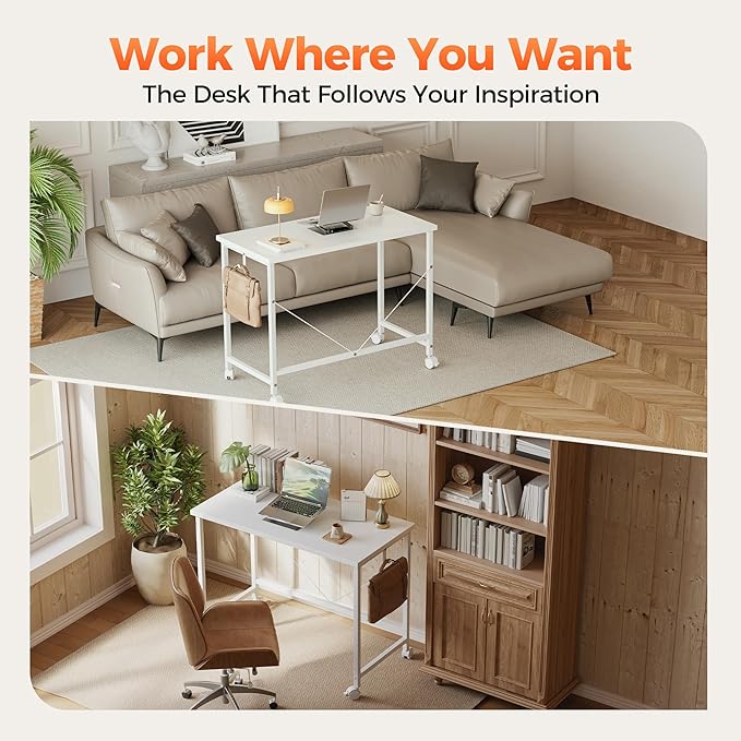 Mericonia 24 inch Rolling Computer Desk with Wheels, Gaming Desk for Small Spaces, Modern Simple Style Table for Home Office, Study Writing Table