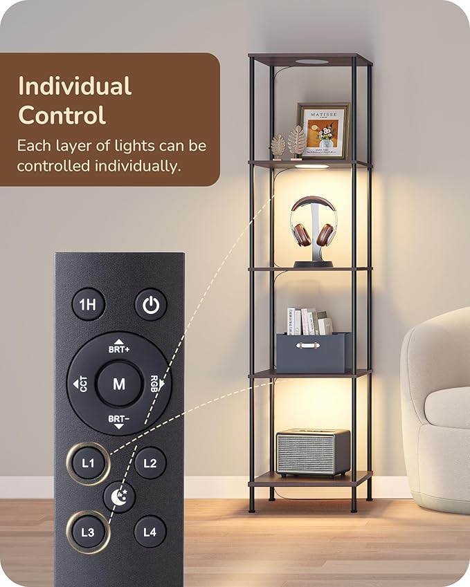 EDISHINE RGBW Floor Lamp, 5-Tier Display Shelf with Light, Adjustable Brightness & Color Temperature, 3 Lighting Modes, Remote Control, Stable Floor Lamps for Living Room, Bedroom, Study, Dark Walnut
