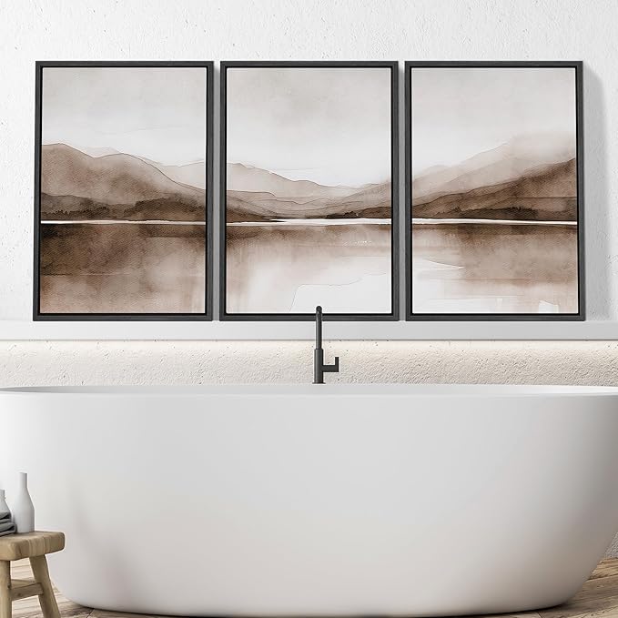 SIGNWIN Framed Canvas Print Wall Art Mountain Landscape Modern Minimalist Brown and Gray Watercolor Nature Wilderness Modern Art Cool for Living Room, Bedroom, Office - 24"x36"x3 Black