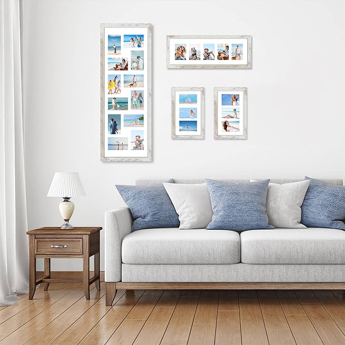 10x20 Picture Frame Set of 2, Distressed White Wood Frame with Real Glass Collage Frame, Display Pictures Three 5x7 With Mat or 10 x 20 Without Mat - Horizontal or Vertical Wall Mounting