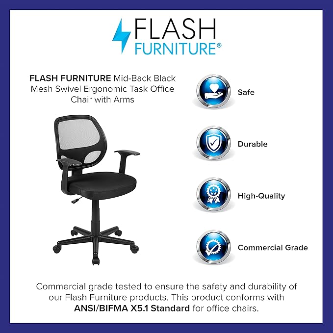 Flash Furniture Flash Fundamentals Mid-Back Black Mesh Swivel Ergonomic Task Office Chair with Arms