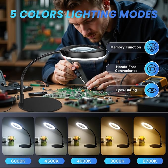 12X Magnifying Glass with Light and Stand, 144 LEDs Flexible Desktop Magnifying Lamp, 5 Color Modes 9 Dimmable Brightness, Metal Desk Magnifier Lamp for Craft Reading Painting Hobby Close Work