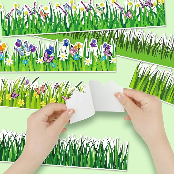 Konsait Bulletin Board Borders Set, 55Ft Green Grass Border for Bulletin Board, Self-Adhesive Butterfly Flower Bulletin Board Border, Bulletin Borders for Classroom Home Office