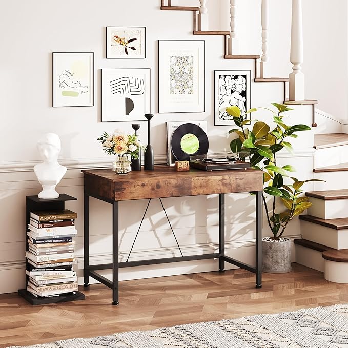 Mexin Small Desk with 2 Wooden Drawers, 40 Inch Home Office Writing Desk, Vanity Desk with Storage, Computer Desk for Bedroom Small Spaces, Table for Office, Kids Study, Makeup, Rustic Brown