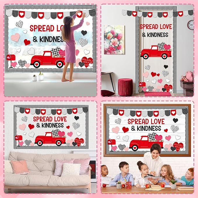 Valentine's Day Bulletin Board Set Valentines Day Classroom Decorations Black White Paper Cutout Love Red Truck Heart Bulletin Board Border for School Chalkboard Door Supplies