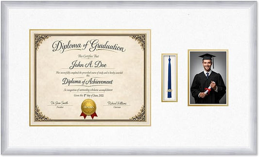 Diploma Tassel and Photo Frame Stainless Silver Shadowbox Oyster Shell Over Gold Mat - Fits 15 x 12 Degree Picture Made in the USA