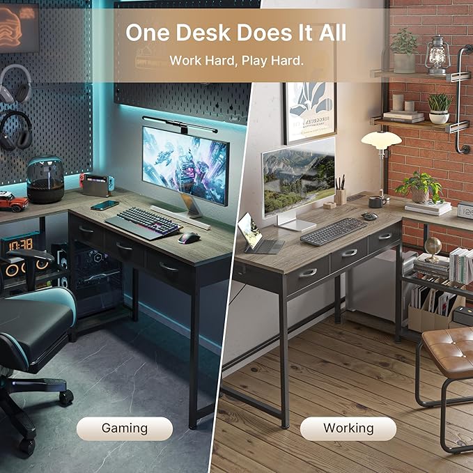 Gizoon 53 Inch L Shaped Computer Desk with Drawers, Corner Desk with Power Outlets & Reversible Storage Shelves with CPU Stand and 2 Hooks for Home Office Gaming (Grey)