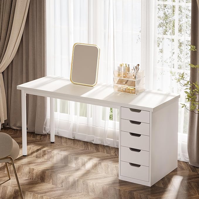 Tribesigns Modern Simple Computer Desk, 47 Inches PC Desk with 5 Reversible Drawers, Rustic Brown Study Writing Table Workstation for Home Office Small Spaces (All White)