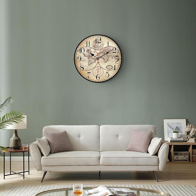 14 Inch Wooden Wall Clock Globe World Map Retro Vintage Rustic Wall Clocks Silent Non Ticking Clock Decorative for Kitchen Farmhouse Hotel