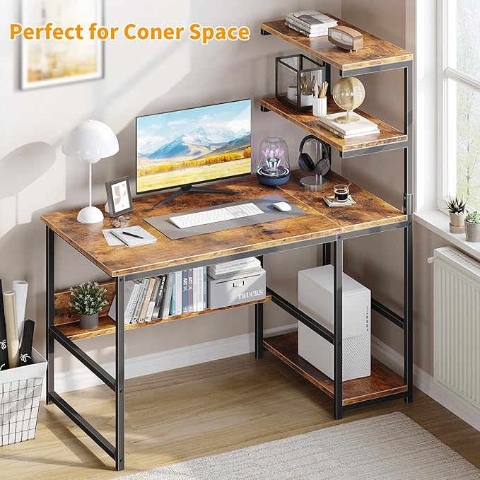 ALISENED 47 Inch Computer Desk with 4-Tier Storage Shelves, Modern Large Office Desk Computer Table Studying Writing Desk Workstation with Bookshelf and Tower Shelf for Home Office