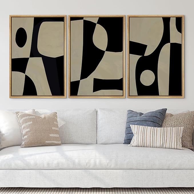 SIGNLEADER Framed Canvas Print Wall Art Set Black Geometirc Block Abstract Shapes Illustrations Minimal Decorative Bohemian Nordic for Living Room, Bedroom, Office - 24"x36"x3 NATURAL
