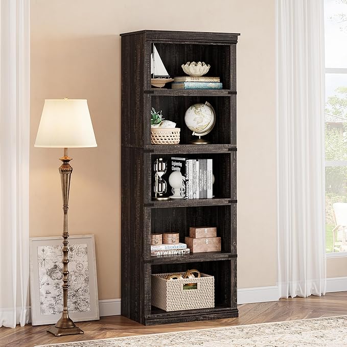 GarveeHome 5 Tier Farmhouse Bookcase, 67.4 in Tall Book Shelf with Storage, Wooden Bookshelves 5 Shelf Display Shelvesfor Home Office, Living Room, Bed Room (Oak, 67.4 in H x 24.4 in W x 12.8 in D)