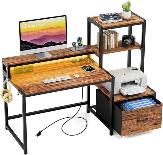 GreenForest Computer Desk with Drawers and Monitor Stand, Home Office Desk with Storage Shelves, Small Gaming Desk with Power Outlets and LED Lights for Study Writing Working, 51 inch Walnut