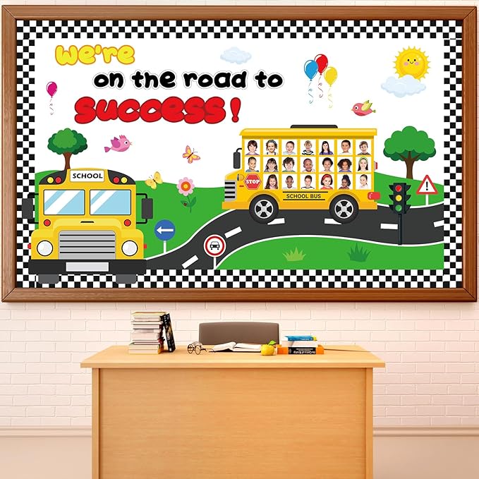 gisgfim Back to School Bulletin Board Classroom Decoration School Bus Cutouts We' re On The Road to Success Bulletin Board for Classroom Back to School Door Chalkboard Nursery Wall Decor Supplies