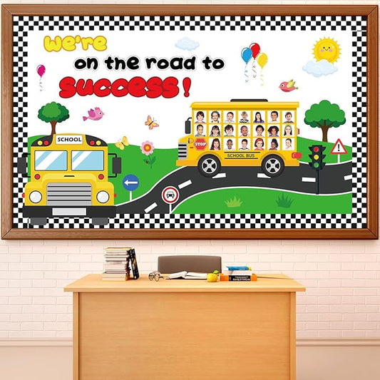 gisgfim Back to School Bulletin Board Classroom Decoration School Bus Cutouts We' re On The Road to Success Bulletin Board for Classroom Back to School Door Chalkboard Nursery Wall Decor Supplies