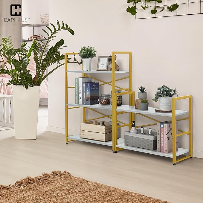 CAPHAUS 2 Tier Small Bookshelf, Bookcase Shelf Storage Organizer for Living Room, 24 Inch Width Free Standing Shelf, Industrial Book Shelves for Home Office, White Wooden Shelves & Gold Frame