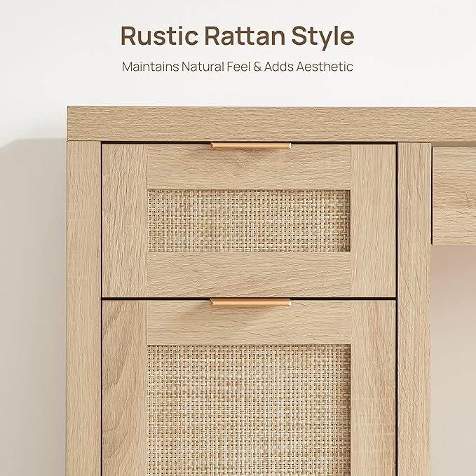 SICOTAS Rattan Executive Desk with Storage - Larger Home Office Desk with Drawers and Cabinets, Farmhouse Boho Computer Table Vanity Desk for Study, Office, Living Room, Light Oak (2 Pieces)