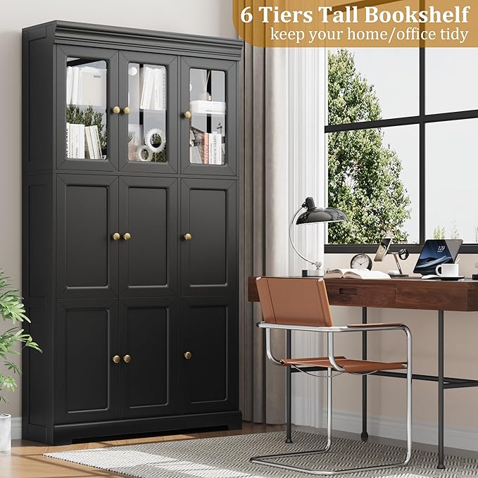 Keyluv 71" Tall Bookshelf and Bookcase with Glass Door, 6-Tier Large Book Shelf with Storage Cabinet, Floor Standing Cabinet Bookshelves with Adjustable Shelves for Home Office/Living Room, Black
