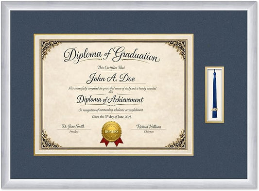 Diploma Frame with Tassel Holder 27.25 x 20 Stainless Silver Shadowbox Navy Blue Over Gold Mat - Fits 17 x 13 Degree Made in the USA