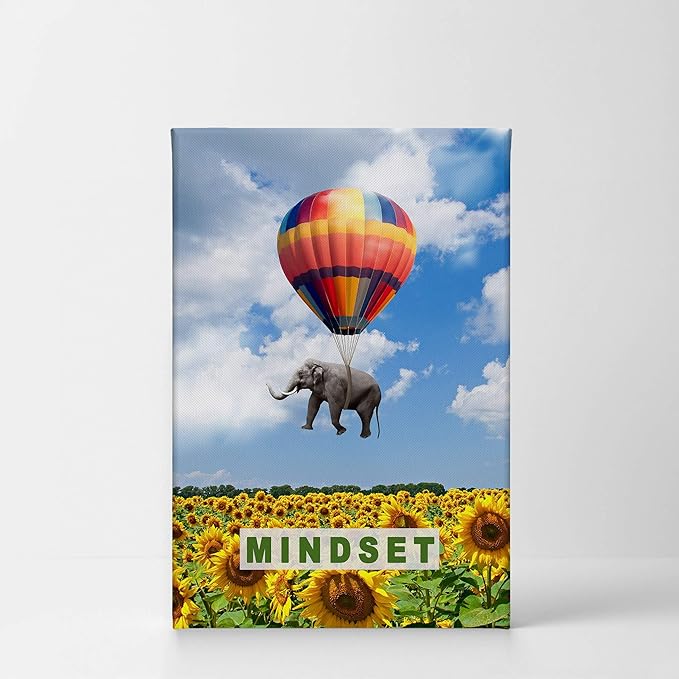 Smile Art Design Mindset Elephant with Balloon Sunflower Field Motivational Wall Art Canvas Print Inspirational Wall Art Entrepreneur Quote Canvas Print Modern Office Decor Gift Ready to Hang 17x11