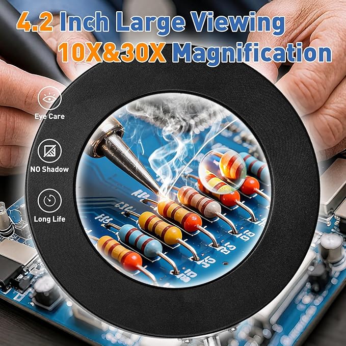 HITTI 30X & 10X Magnifying Glass with Light, 1800 Lumens Stepless Dimmable, 3 Color Modes, 4.2″ Real Glass Lens LED Desk Lamp with Clamp, Magnifier Light and Stand for Craft Reading Jewelry-Black