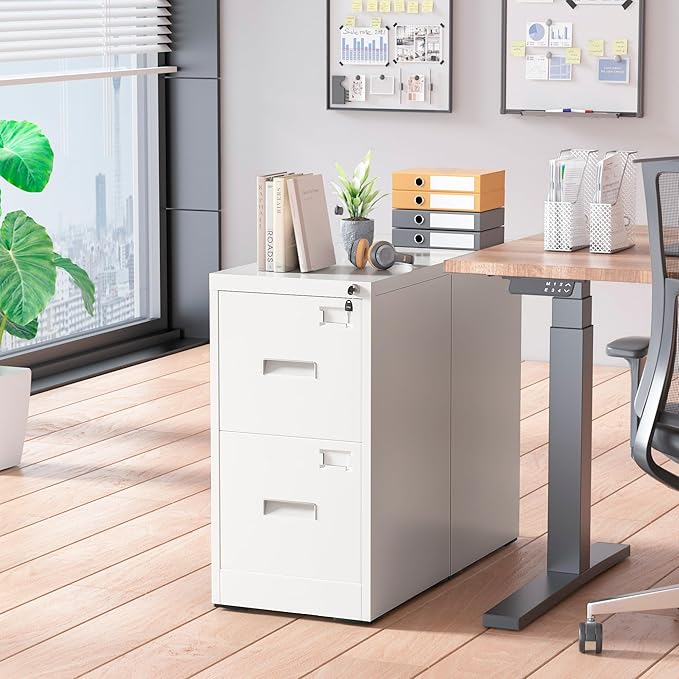 Pataku 2 Drawer File Cabinet with Lock, Sturdy Metal Vertical Filing Cabinets for Home Office, Under Desk Paperwork Storage Fully Extendable Slides Letter Legal A4 Size 18x15x28 Inches, White