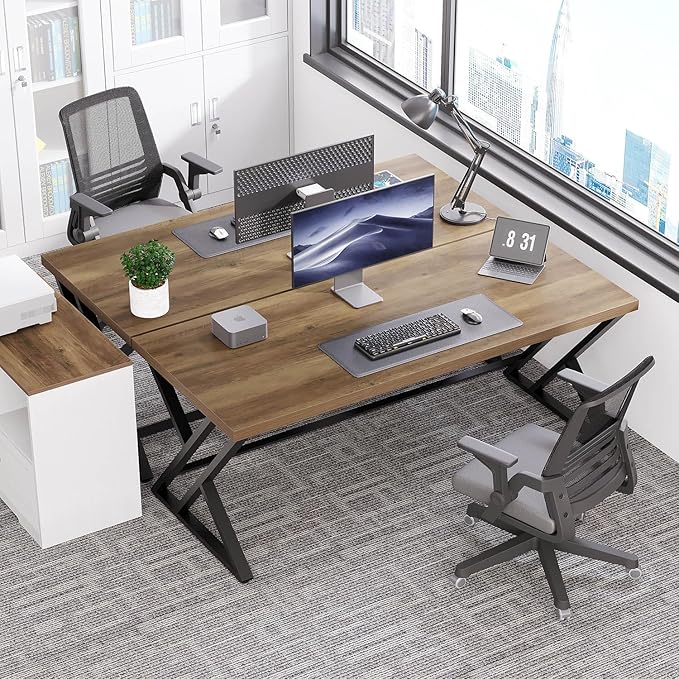 LVB Long Computer Desk, Big Industrial Home Office Desk, Large Metal Wood Writing Study Computer Table for Bedroom, Modern Executive Simple Gaming Work Desk for Student, Rustic Oak, 60 in