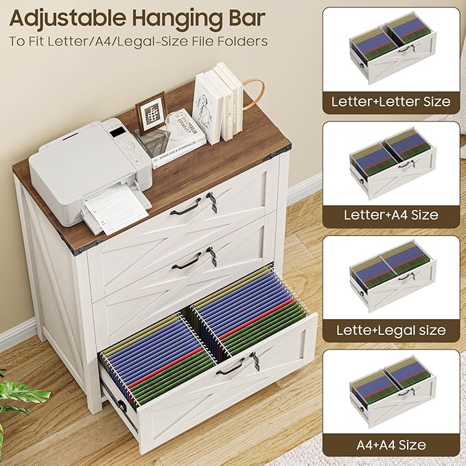 File Cabinet with 3 Drawers, Lateral File Cabinet for Letter/Legal/A4 Size Hanging Files, Large Wood File Storage Cabinets Printer Stand for Home Office, Rustic White and Brown