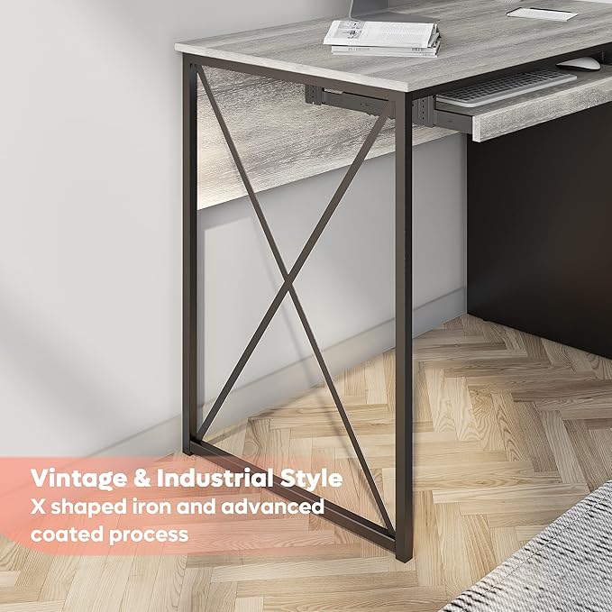 Bestier Office Desk with Drawers, 55 inch Industrial Computer Desk with Storage, Wood Teacher Desk with Keyboard Tray & File Drawer for Home Office, Light Gray Oak