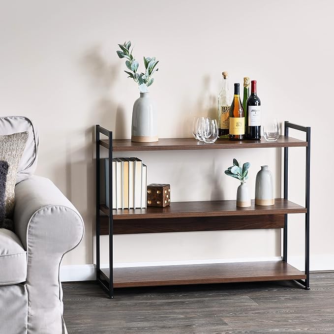 Household Essentials Jamestown Wide 3 Shelf Open Storage Bookshelf Mid Century Walnut Wood Grain and Black Metal
