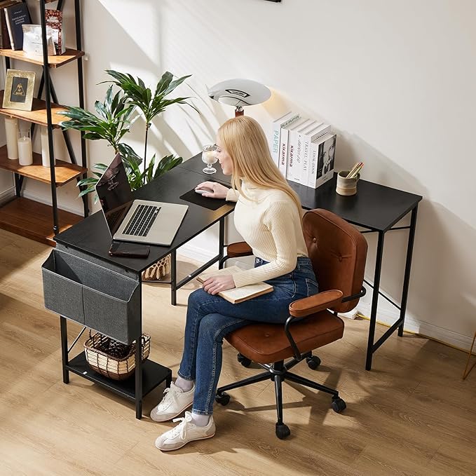 Sweetcrispy L Shaped Desk - Computer Desk Corner Desks Gaming Desk PC Table with CPU Stand Side Bag for Home Office Dorm Sturdy Writing Workstation, Black, 50-Inch