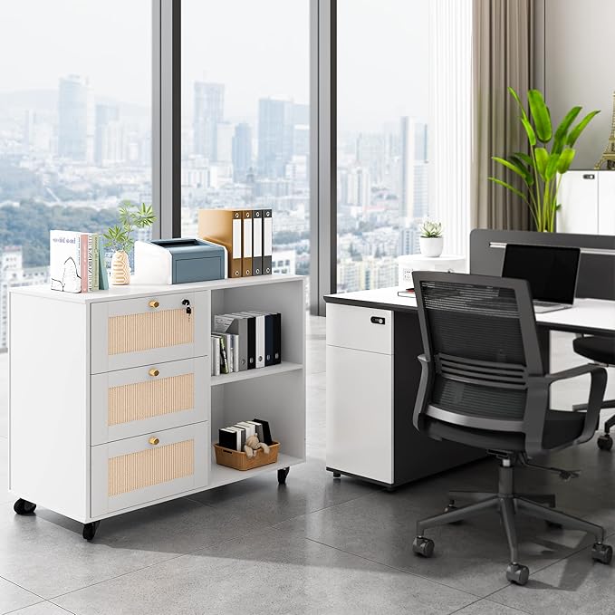AWQM 2pcs Wood File Cabinet with Lock,3 Drawer Mobile Office Storage Cabinet with 2 Open Shelves,Printer Stand with Storage Lateral Filing Cabinet Printer Cabinet for Home Office,White