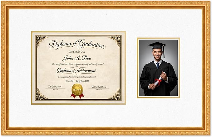 Diploma Frame With Photo Opening Museum Gold Oyster Shell Over Gold Mat - Fits 11 x 8.5 Degree and Picture Made in the USA