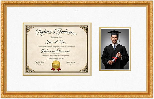 Diploma Frame With Photo Opening Museum Gold Oyster Shell Over Gold Mat - Fits 11 x 8.5 Degree and Picture Made in the USA