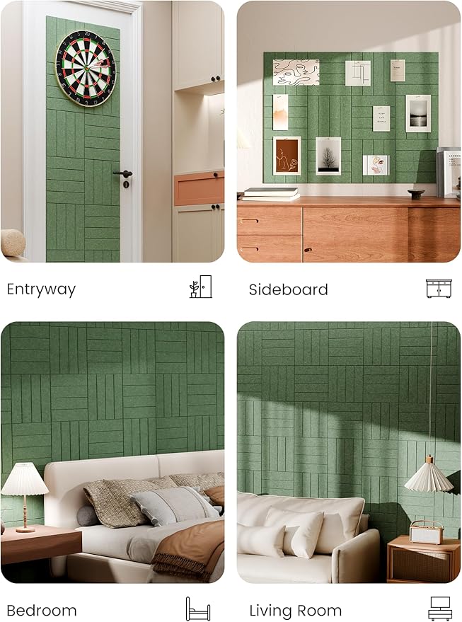Bumusty Large Cork Board Alternative-48 x 36" Felt Bulletin Board Tiles, with 30 Pushpins, 70 Adhesive Tabs, 12-Pack Slat Wall Paneling, Cork Boards for Office Push Pin Board Felt Board-Moss Green