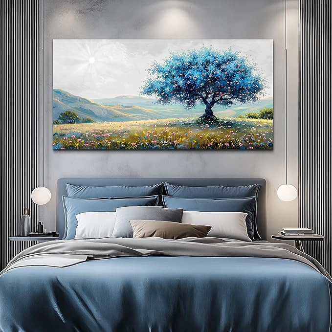 FUHAIHUA Canvas Wall Art For Living Room Modern Wall Decor For Bedroom Office Wall Decoration Pastoral Landscape Painting Blue Tree Pictures Artwork Ready To Hang Room Aesthetic Home Decor 20x40 In