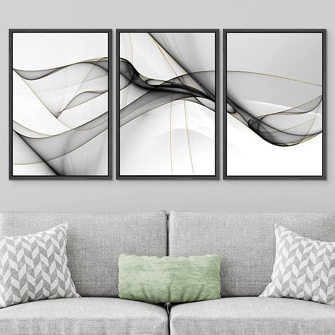 SIGNWIN Framed Canvas Print Wall Art Set Pastel Gray Geometric Smoke Wave Abstract Shapes Illustrations Modern Art Decorative Nordic Zen Chic for Living Room, Bedroom, Office - 16"x24"x3 Black