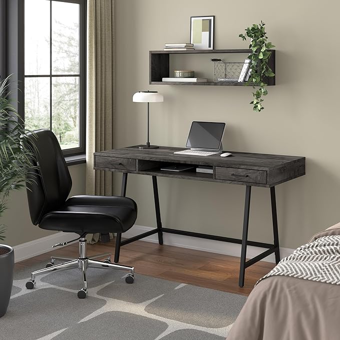 Bush Home Steele 54W Writing Desk with Storage in Dark Gray Hickory | Large Wooden Computer Table for Home Office Workspace