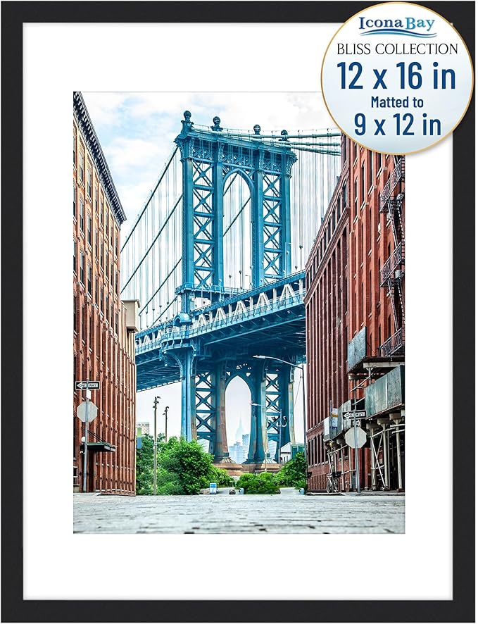 Icona Bay - 12x16 Black Picture Frame Fits 11x15 Photos with Mat to 9x12 Image - Modern Style Engineered Wood Poster Frame - Wall Mount Only - Bliss Collection