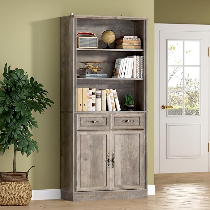 70.1" Tall Bookshelf with Drawers & Cabinet, 5-Tier Floor Standing Bookcase with Storage Doors, Adjustable Shelves & Metal Handles, 31.5" Wide Organizer for Home Office, Living Room