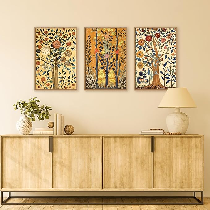 Large Vintage Floral Tree Framed Canvas Wall Art,Abstract Flower Wall Decor,Nature Botanical Painting,Classic Boho Artwork for Living Room,Bedroom,Dining Room,Farmhouse -16"x24"x3