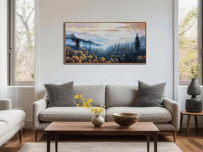 Arjun Forest Landscape Framed Wall Art Canvas, Misty Nature Wall Art for Living Room Painting Tranquil Scenery Tree Picture Artwork for Bedroom Office Home Wall Decor, Large 40"x20"