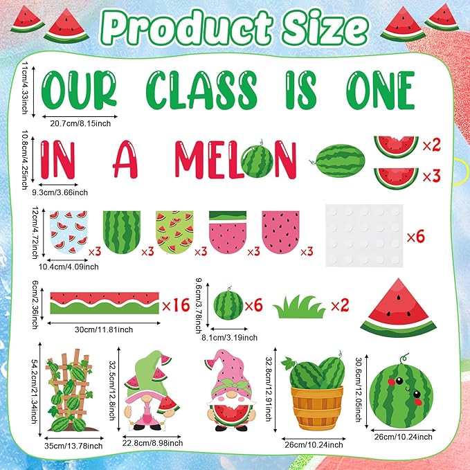 gisgfim Watermelon Bulletin Board Decorations Set Our Class is One in a Melon Classroom Paper Cutouts Welcome Back to School Melon Gnome Bulletin Board Decor for Summer Nursery Door Chalkboard Wall