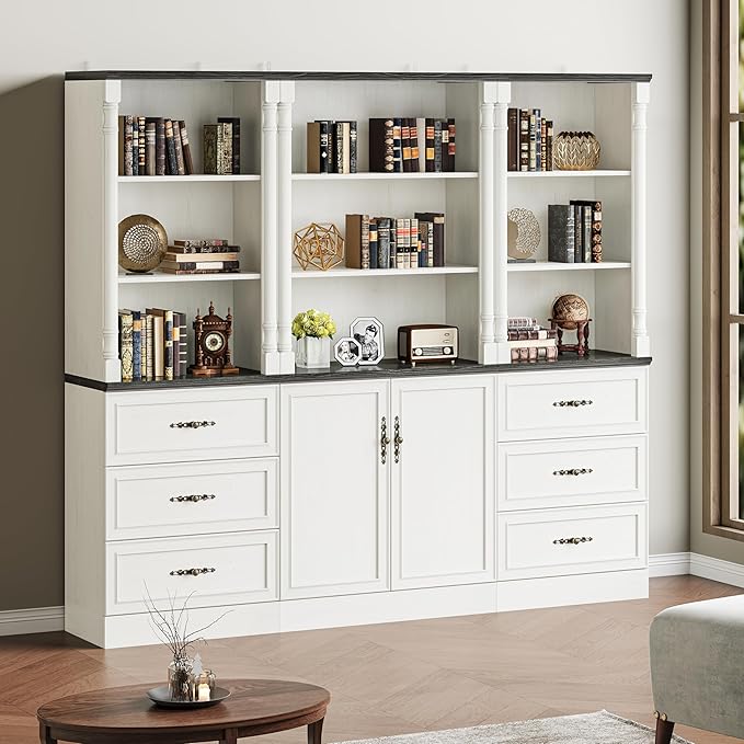 71'' Tall Bookshelf with Doors, Bookcase Storage Cabinets with 5-Tier & Adjustable Shelves, Wooden Deep Book Shelf Kitchen Pantry for Living Room, Office, Bathroom, Antique White