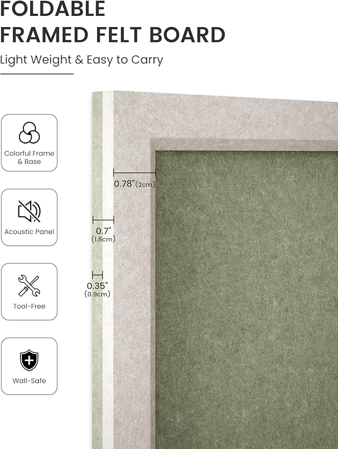 Fluxynara Felt Cork Board Alternative, Felt Bulletin Board 16" x 12" Oatmeal Frame with 8 Adhesive Tabs, Pin Board for Home Office, Classroom, Entryway, Kitchen Wall Decor—Sage