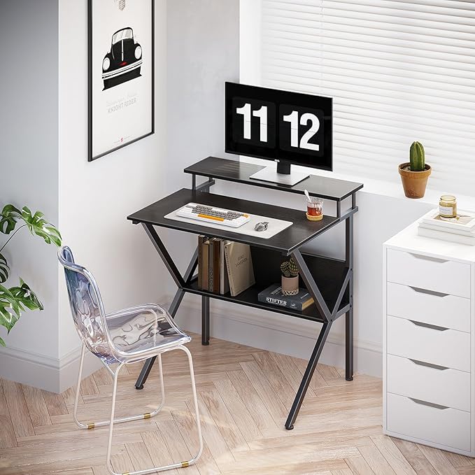 ODK Small Desk, 27.5 Inch Computer Desk for Small Spaces, Kids Desk with Storage, Study Table with Monitor Stand for Homeschool, Black